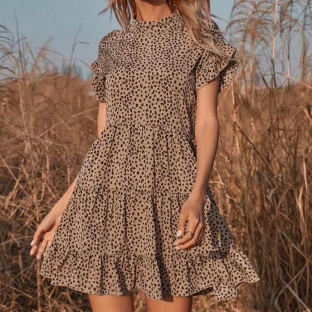 Boho Vibes Leopard Animal Print Dot Ruffle Mini Dress - Picture 2 of 4